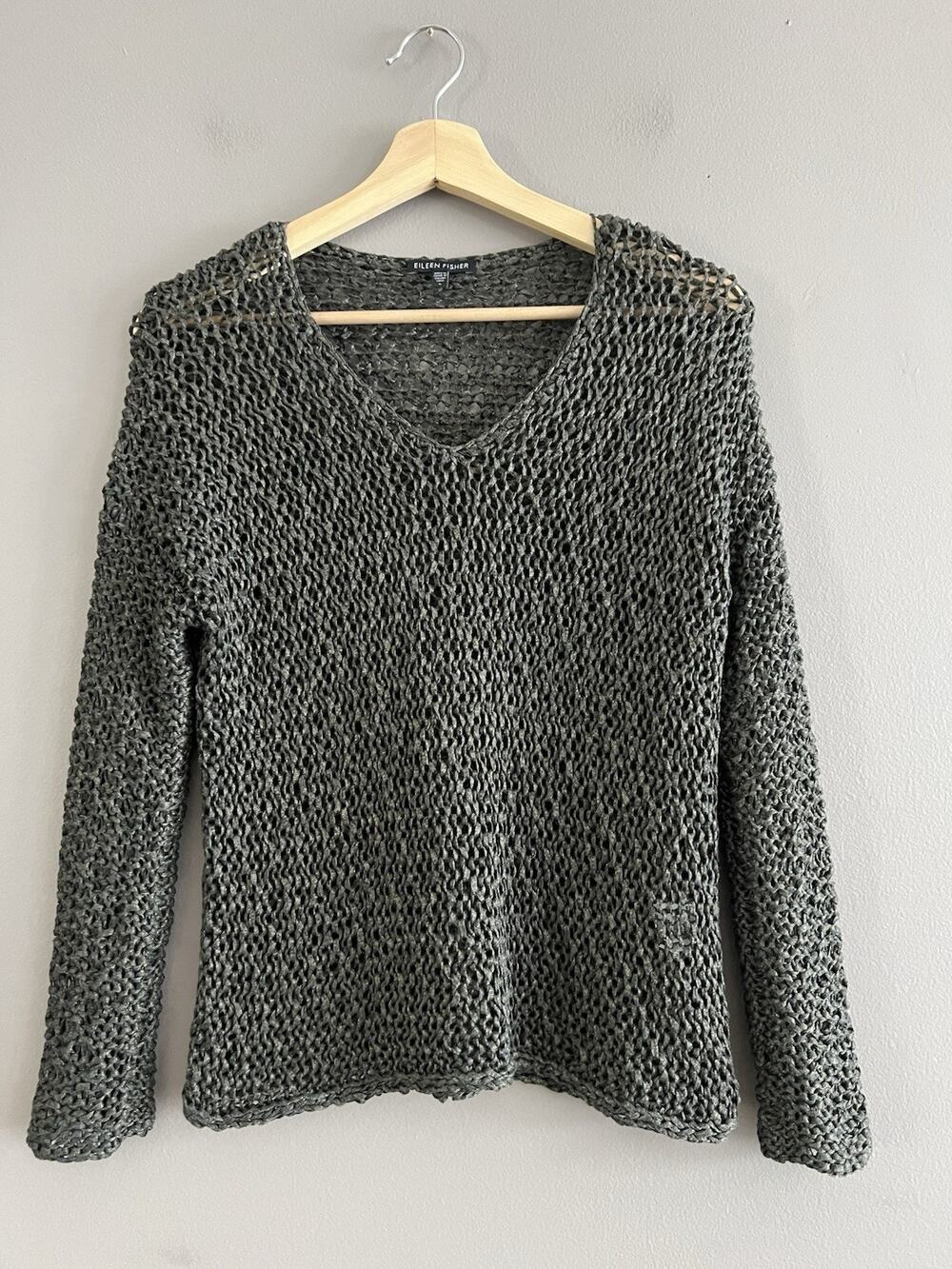 Eileen Fisher Open Knit Sweater Brown Gold Metallic V-Neck Viscose Long Sleeve S